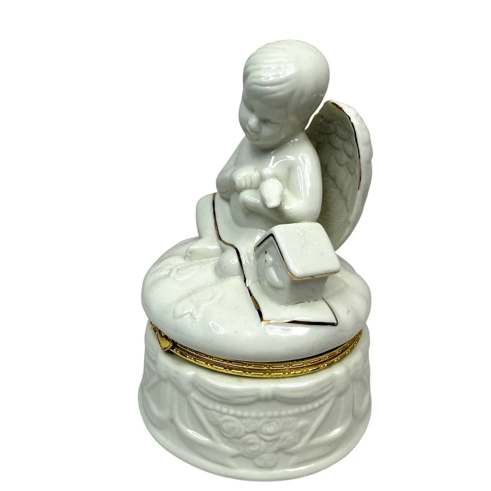 Porcelain Angel Trinket Jewelry Box Bath Salt Holder Gold Trim Bird 5in Wx7in H
